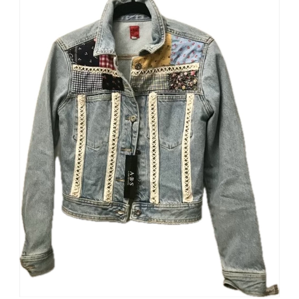 NEW ABS Allen Schwartz Blue Denim Boho Patchwork Embroidered Jean Jacket xs OOAK